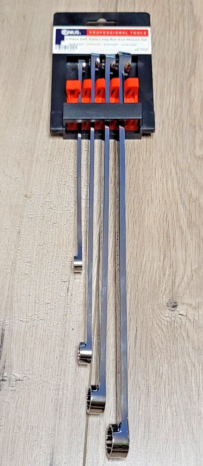Genius Tools 4pc SAE Extra Long Box End Wrench Set Zero Degree Offset #DE-704S