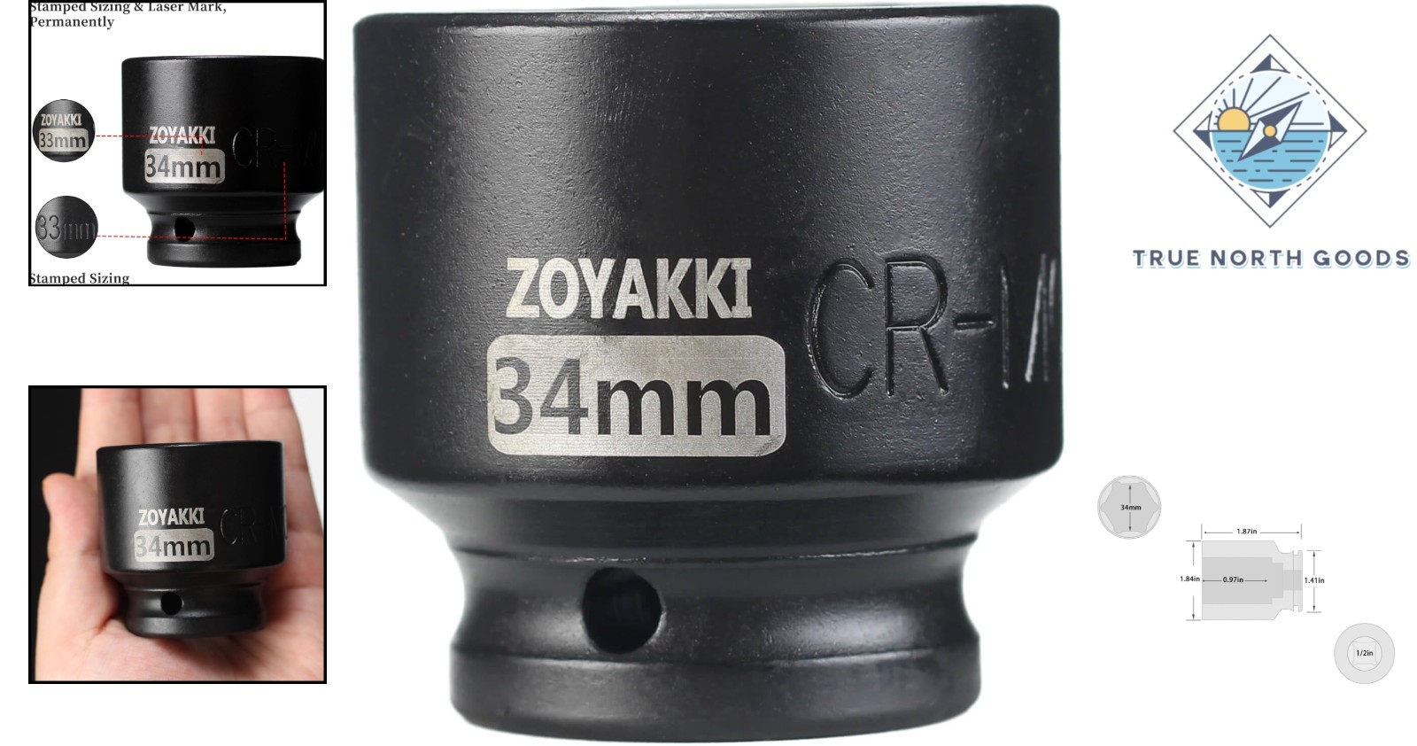 Professional-Grade 1/2 Inch Drive 34mm Impact Socket with Black Phosphate Finish