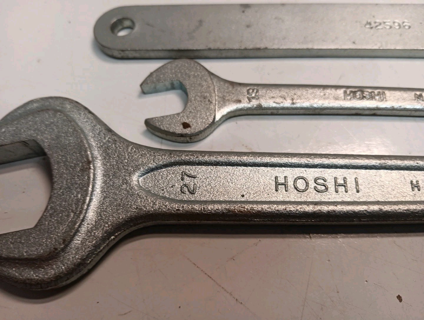 2 Vintage HOSHI Japan open End Wrenchs 27mm ,13mm One Unmarked Flat, Lot Of 3
