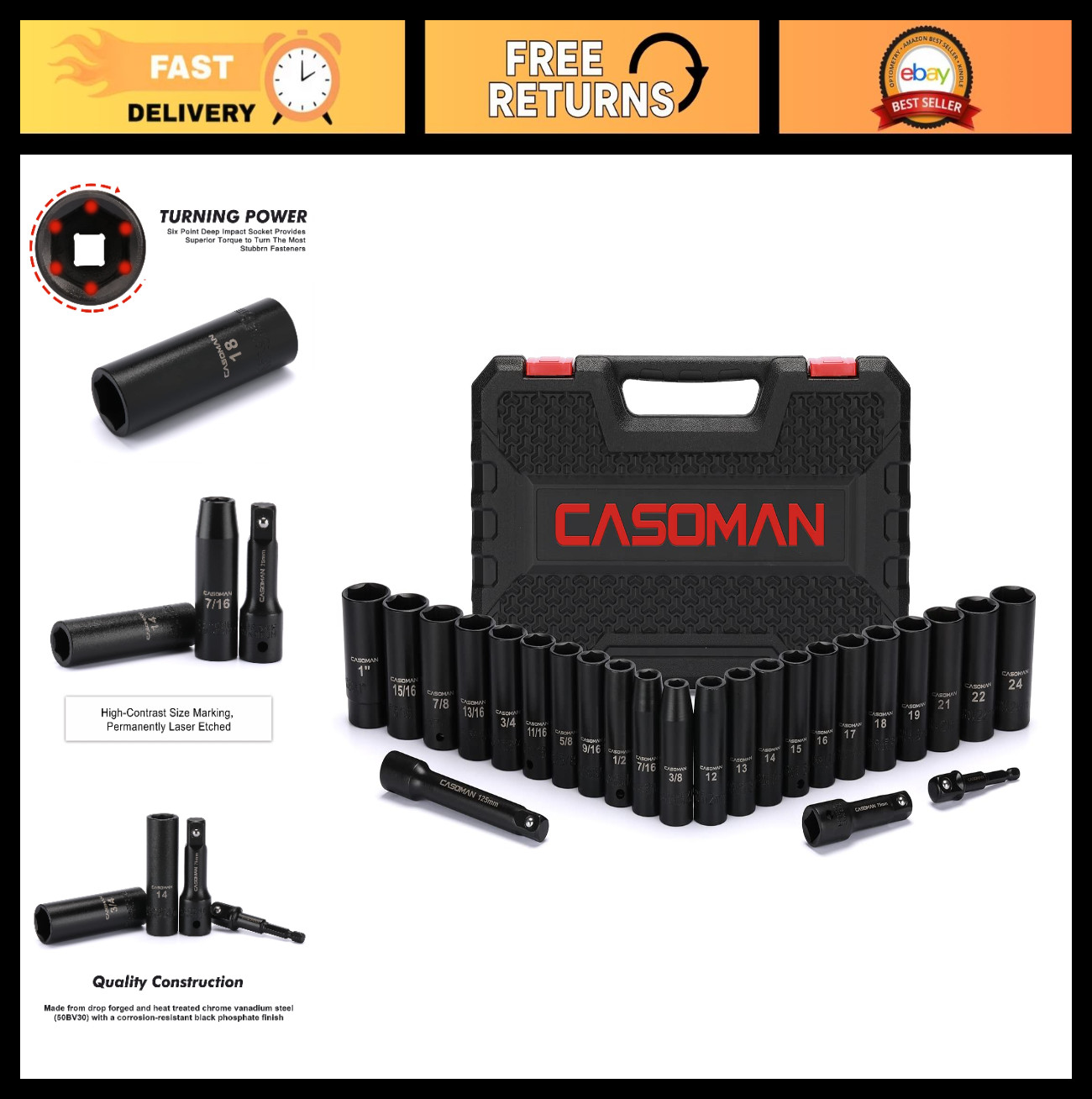 25PC 1/2″ Drive Impact Socket Set, Deep Cr-V Steel, 6 Point, Metric & SAE, 12-24