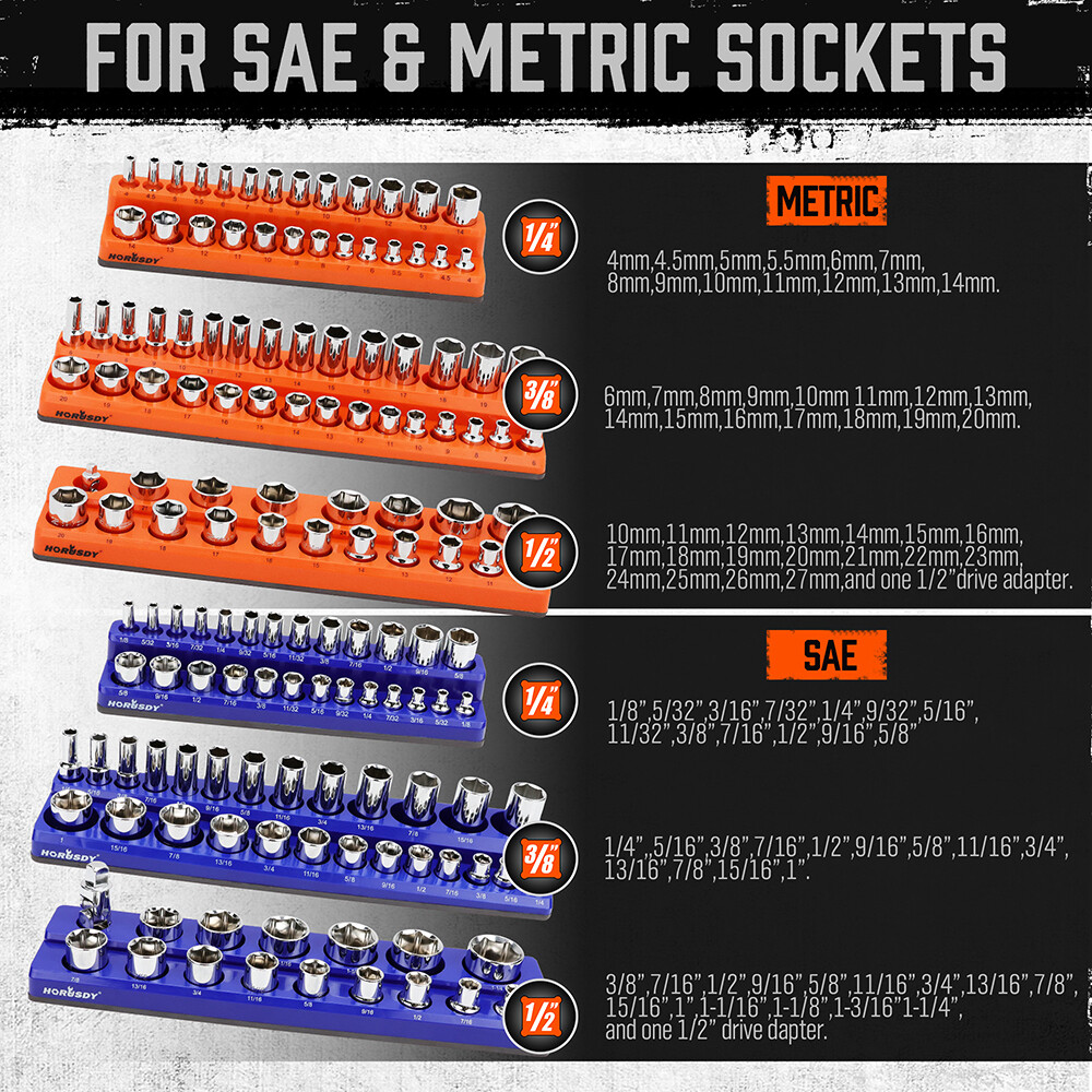 Magnetic Socket Organizer Holder 6-PACK Set 1/4» 3/8» 1/2» Metric SAE 143pcs