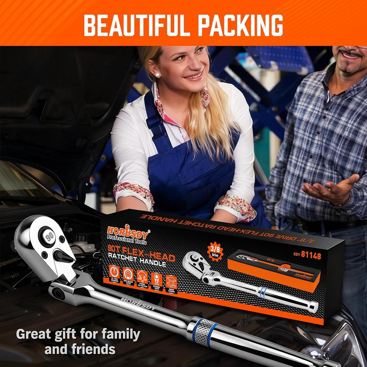 3/8″ Drive 90-Tooth Flex Head Ratchet Handle, 180° Adjustable CR-V Ratchet wi…