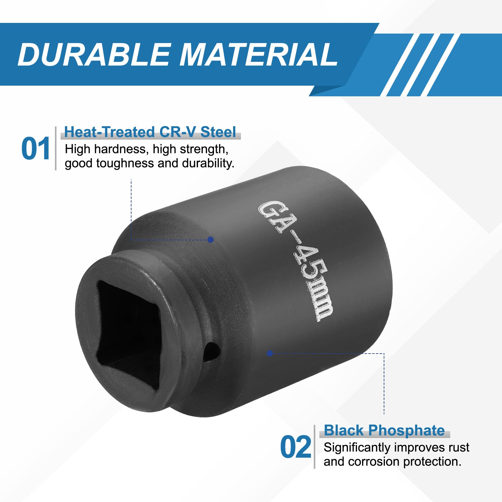2pcs 1 Inch Drive 45mm 6 Point Impact Socket Chromium Vanadium Steel