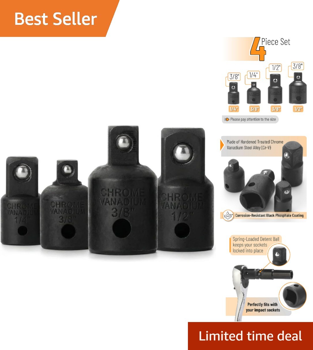 Bates 4-Piece Impact Socket Adapter Set – Chrome Vanadium Steel Durable Design
