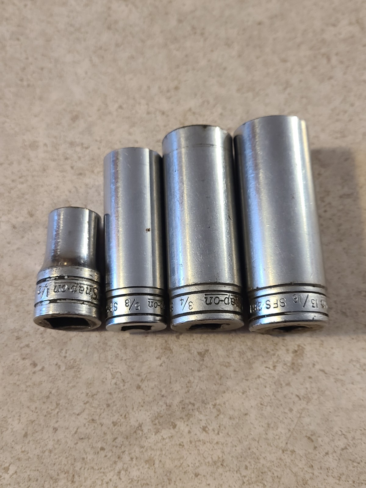 Lot Of Snap On 3/8” Drive Sockets SFS201, SFS241, SFS261, plus TW161 1/2″. Q22