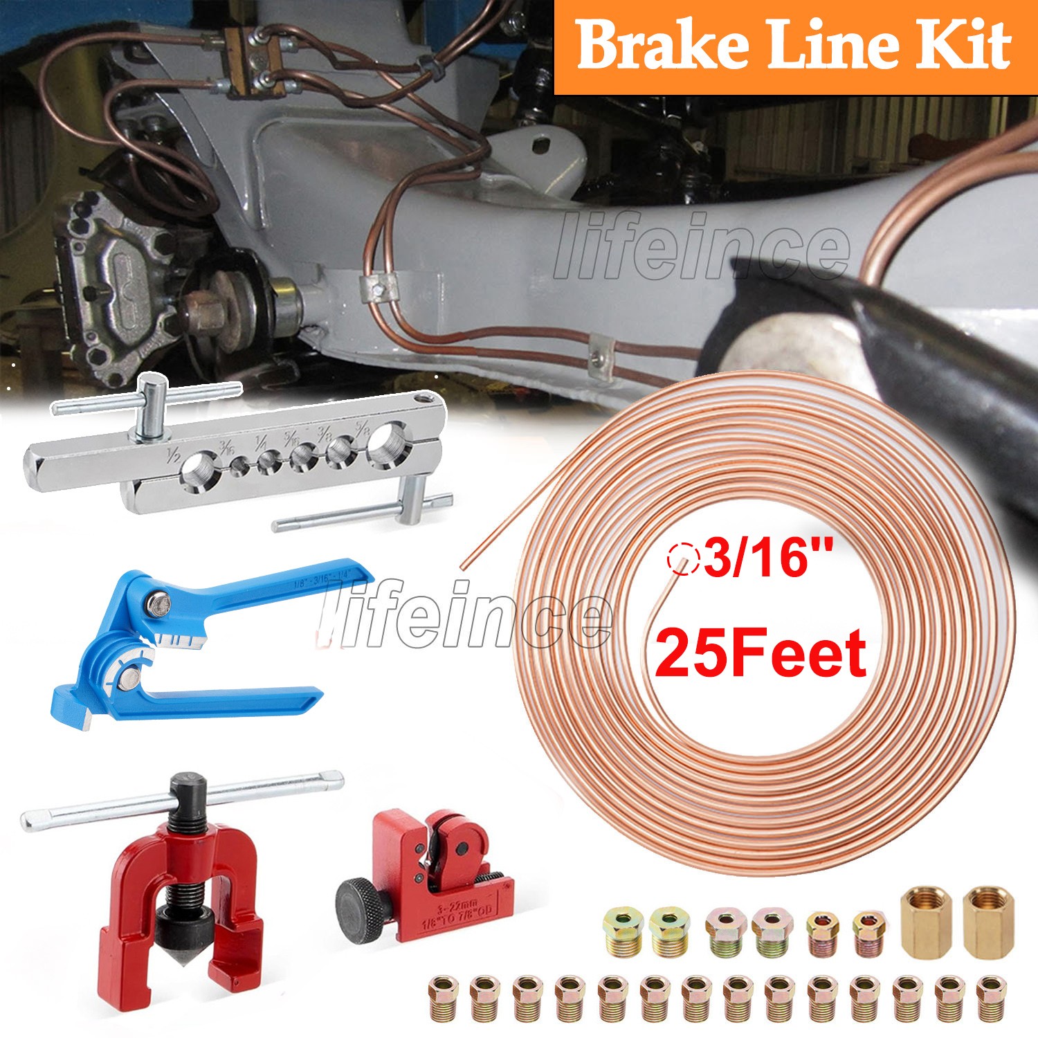 Brake Line Pipe Repair Kit 3/16 25ft Copper Pipe & Flaring Tool 20 Nuts Fittings