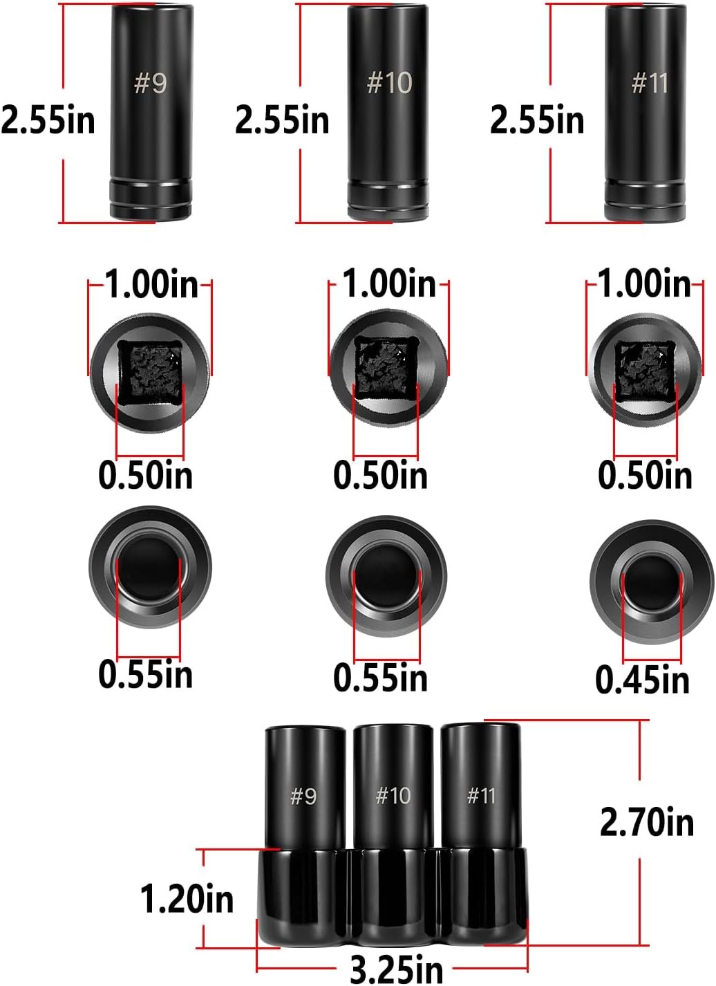 70940 3-Piece Tap Socket Set Tap Socket Wrench #9 10 11 Tap Sockets