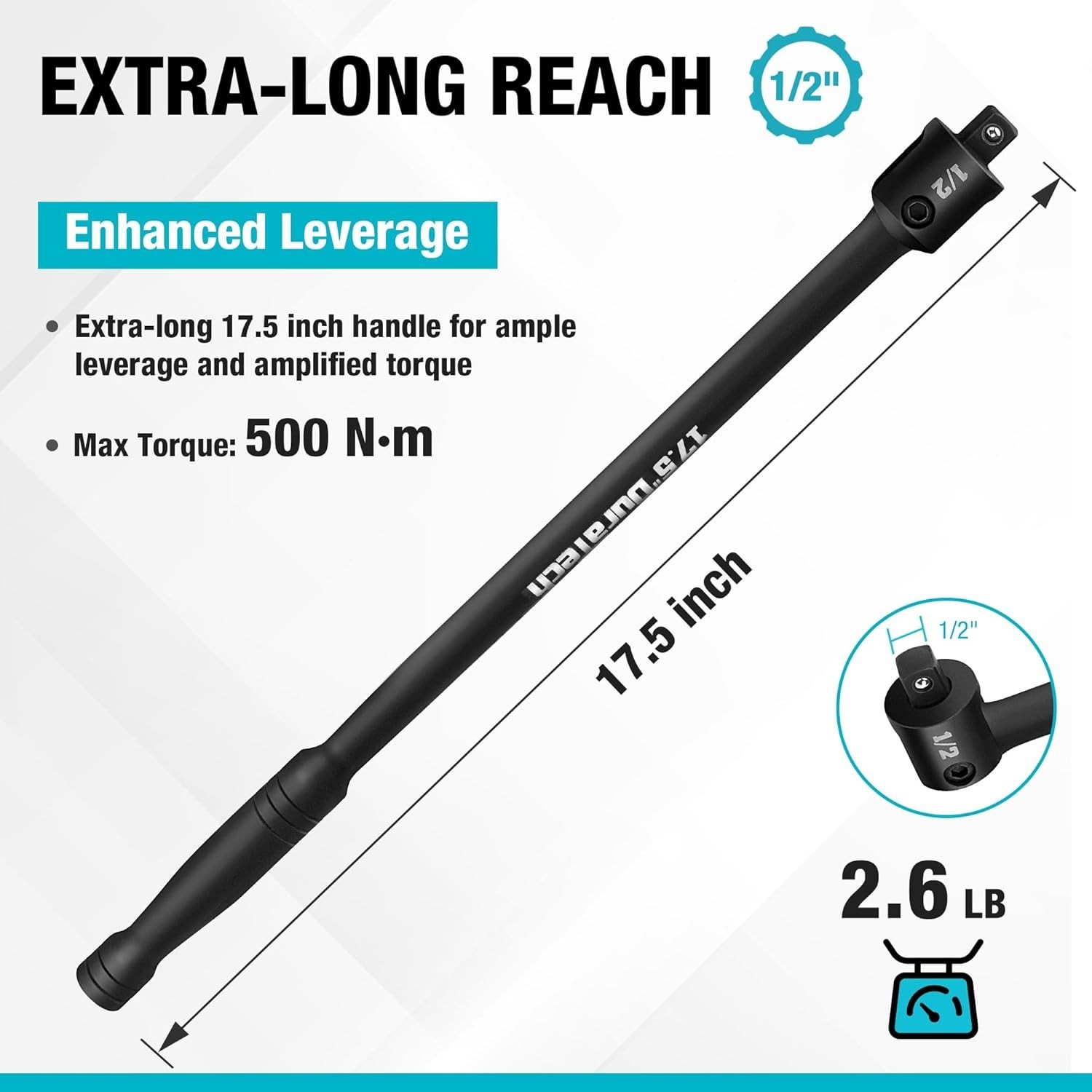 Flexible 17.5-Inch Breaker Bar with 240° Flex Head
