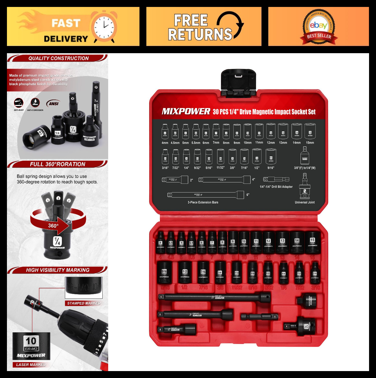 30 PCS 1/4″ Drive Magnetic Impact Socket Set, 6-Point Metric/SAE, Adapter & Exte