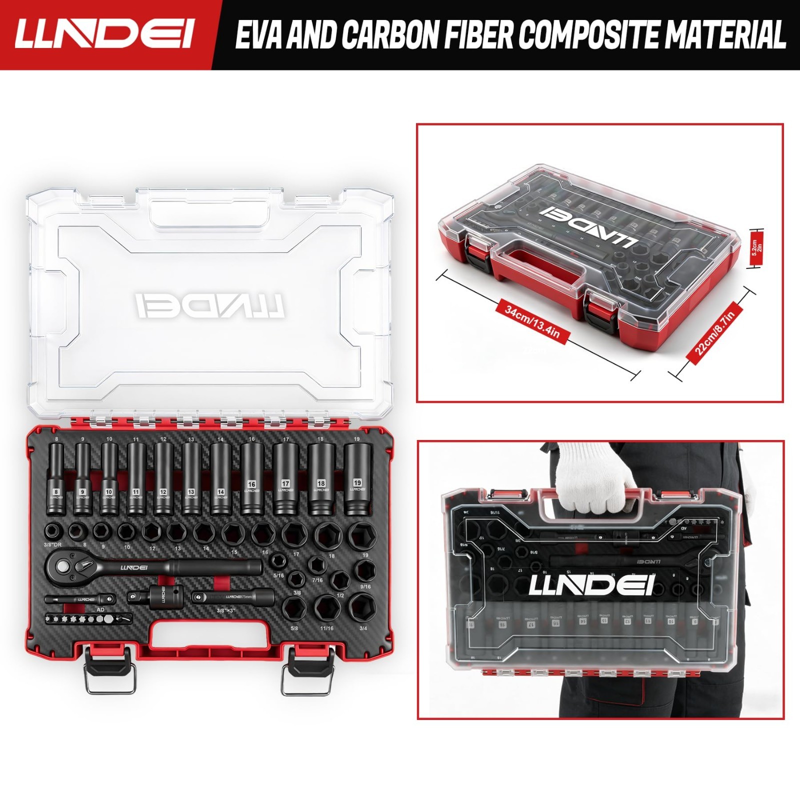 45PCS 3/8″ Drive Impact Socket Set – Metric & SAE, Cr-V, EVA Foam Case, Auto Rep