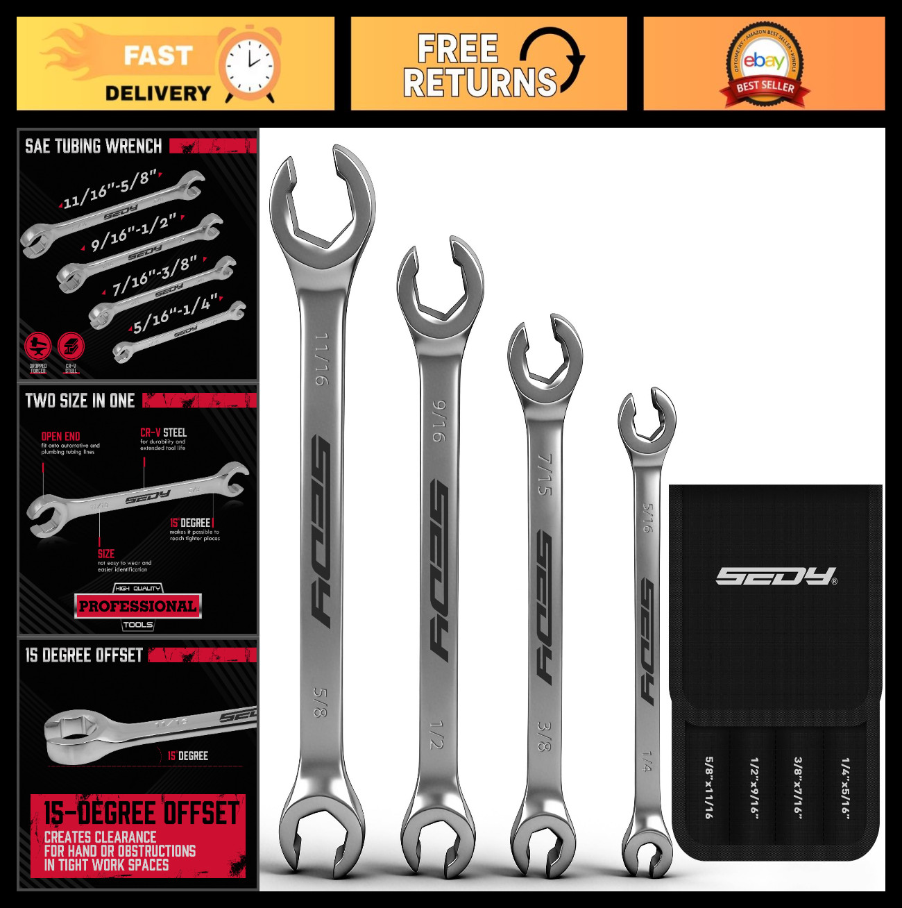 4-Piece SAE Flare Nut Wrench Set – Brake Line Tools with Offset Heads & Pouch