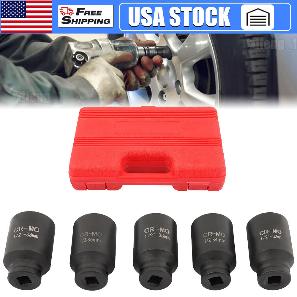 5Pcs 1/2″ Drive Deep Impact Axle Hub Socket Set 6 Point 33mm 34mm 35mm 36mm 38mm