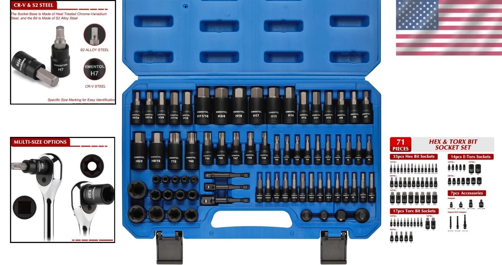 71-Piece Torx Bit & Hex Bit Socket Set, Master SAE/Metric Bits, 1/4″, 3/8″ an…