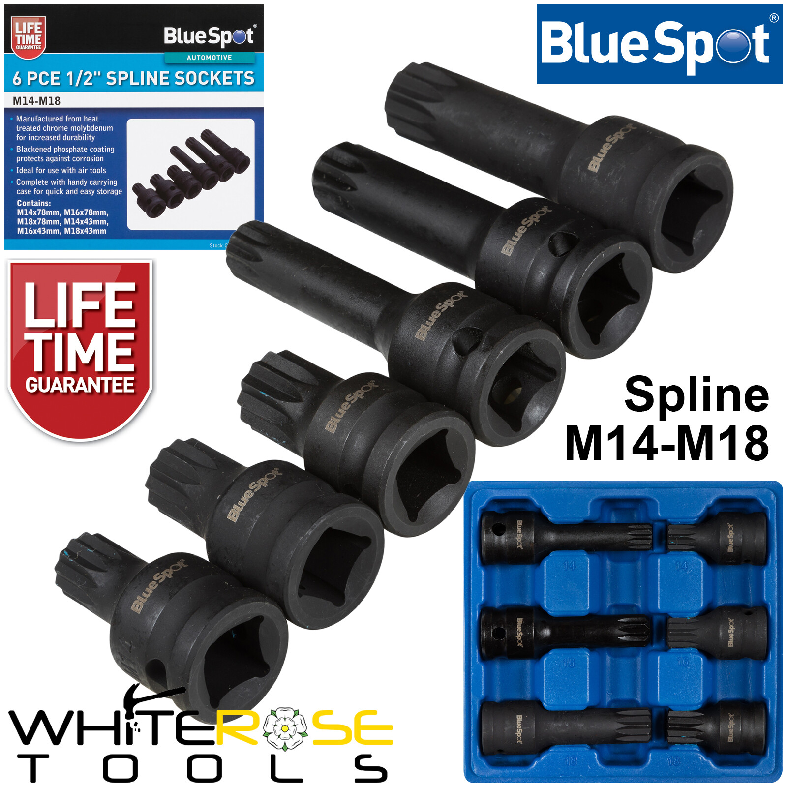 BlueSpot Impact Spline Socket Set 6pc 1/2″ Drive M14-M18 43mm 78mm Long in Case