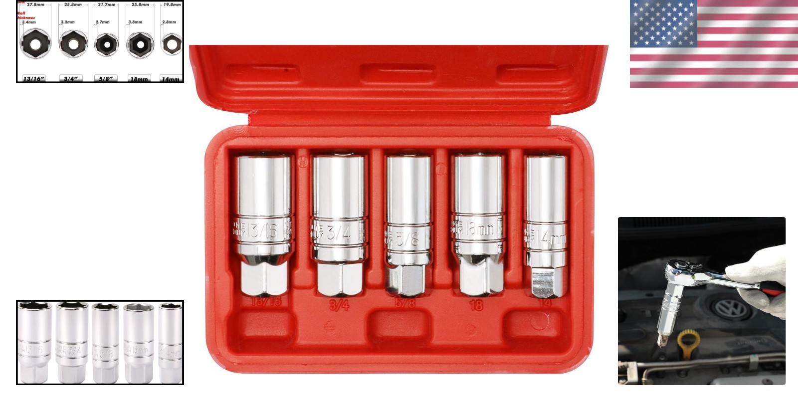 5-Piece Spark Plug Socket Set – Chrome Vanadium, 3/8-Inch Drive, ANSI Quality