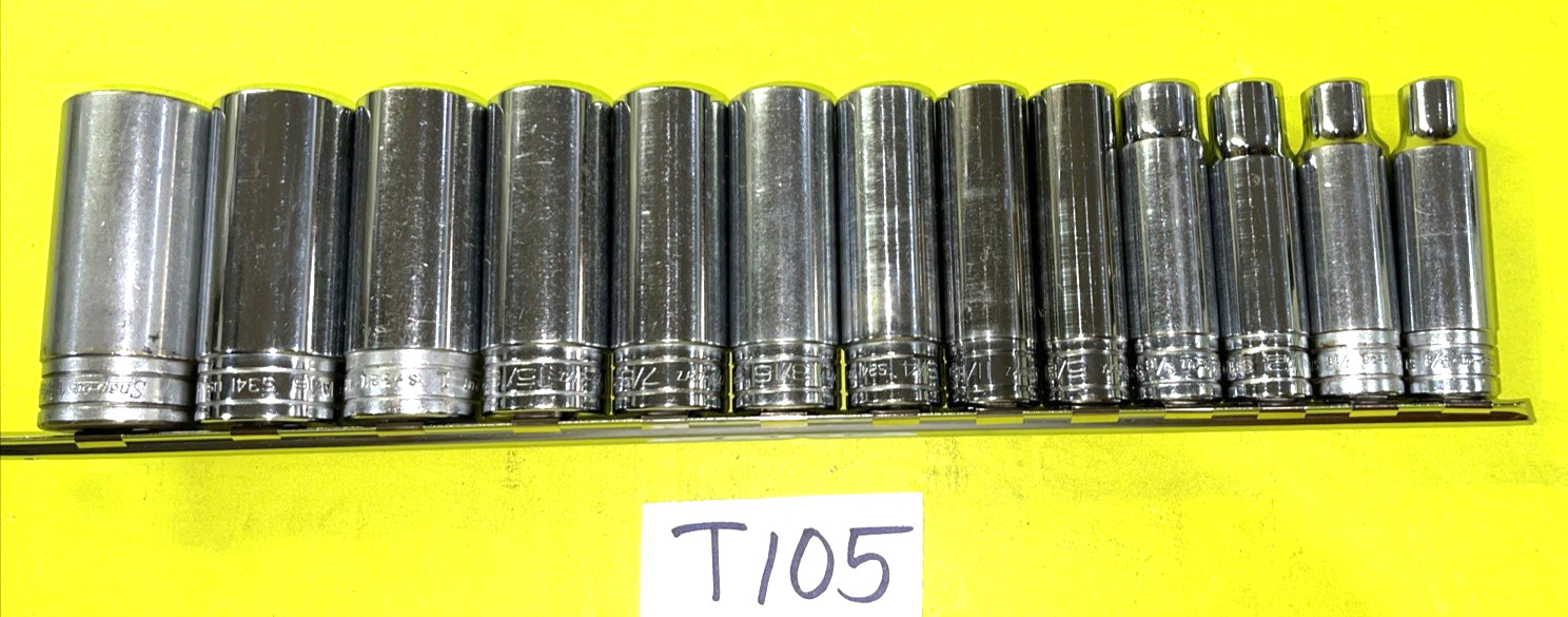 SNAP-ON TOOLS 13 PIECE 1/2 DR. SAE. DEEP CHROME SOCKET SET 12 POINT 3/8 TO 1-1/8