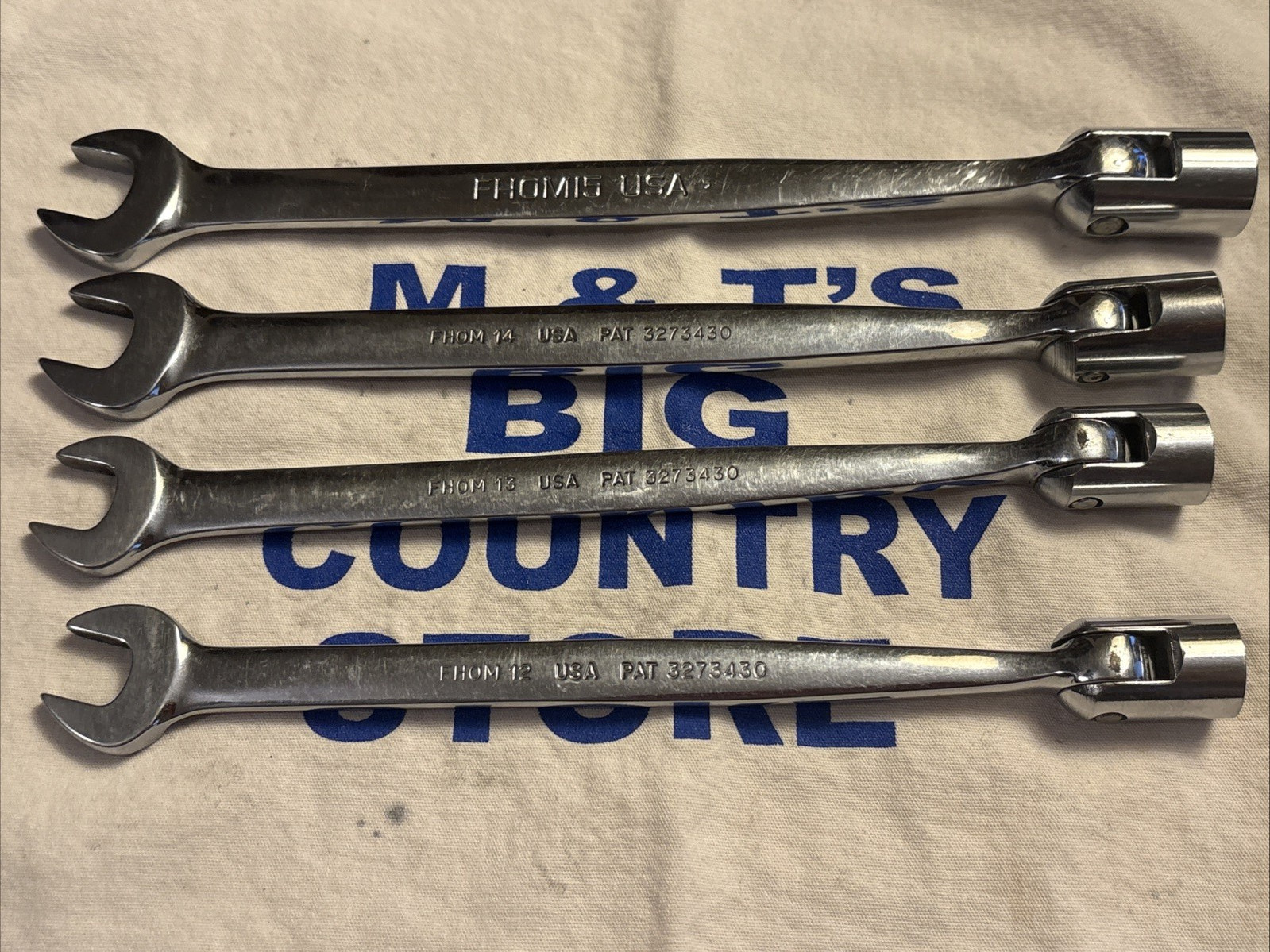 Snap-on 12 13 14 15MM Metric 12pt Swivel Flex Head/Open End Combo Wrench Set