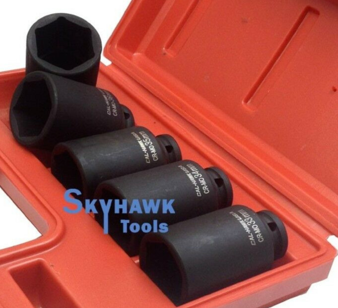 5 PC 1/2″ Dr FRONT & BACK WHEEL DR 6 Point Deep Spindle Axle Nut Socket Set
