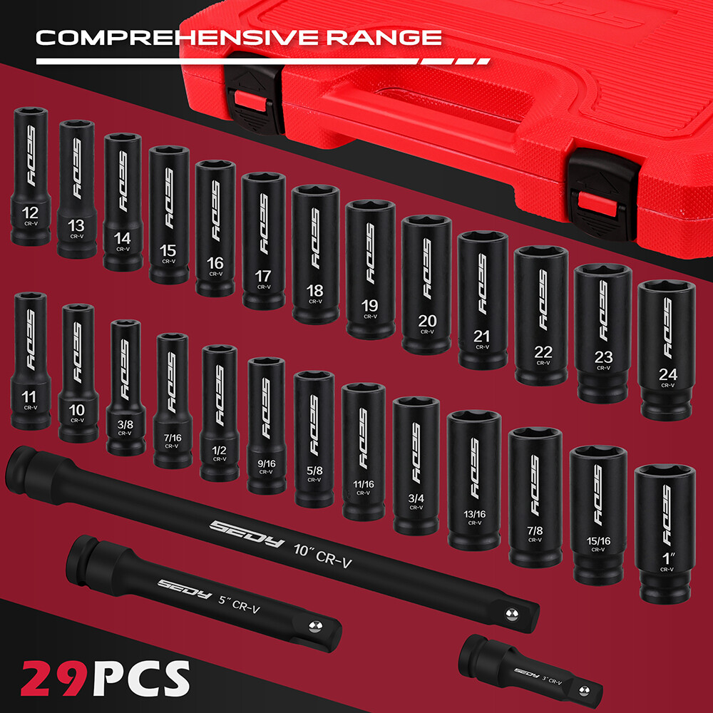29Pcs 1/2″ Drive Deep Impact Socket Set with Extension Bars SAE and Metric CR-V