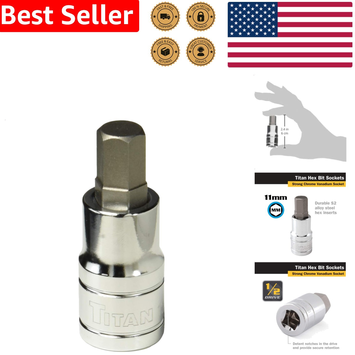11mm Hex Bit Socket 1/2-Inch Drive Chrome Plated Corrosion-Resistant S2 Steel