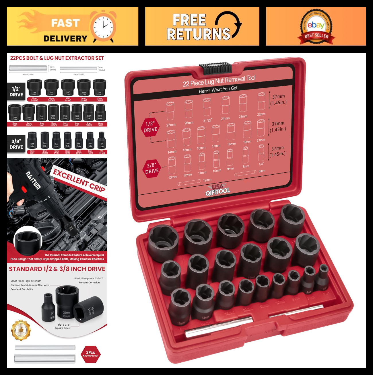 22PCS Easy Out Bolt Extractor Set for Stripped Lug Nut & Screw Removal Tool