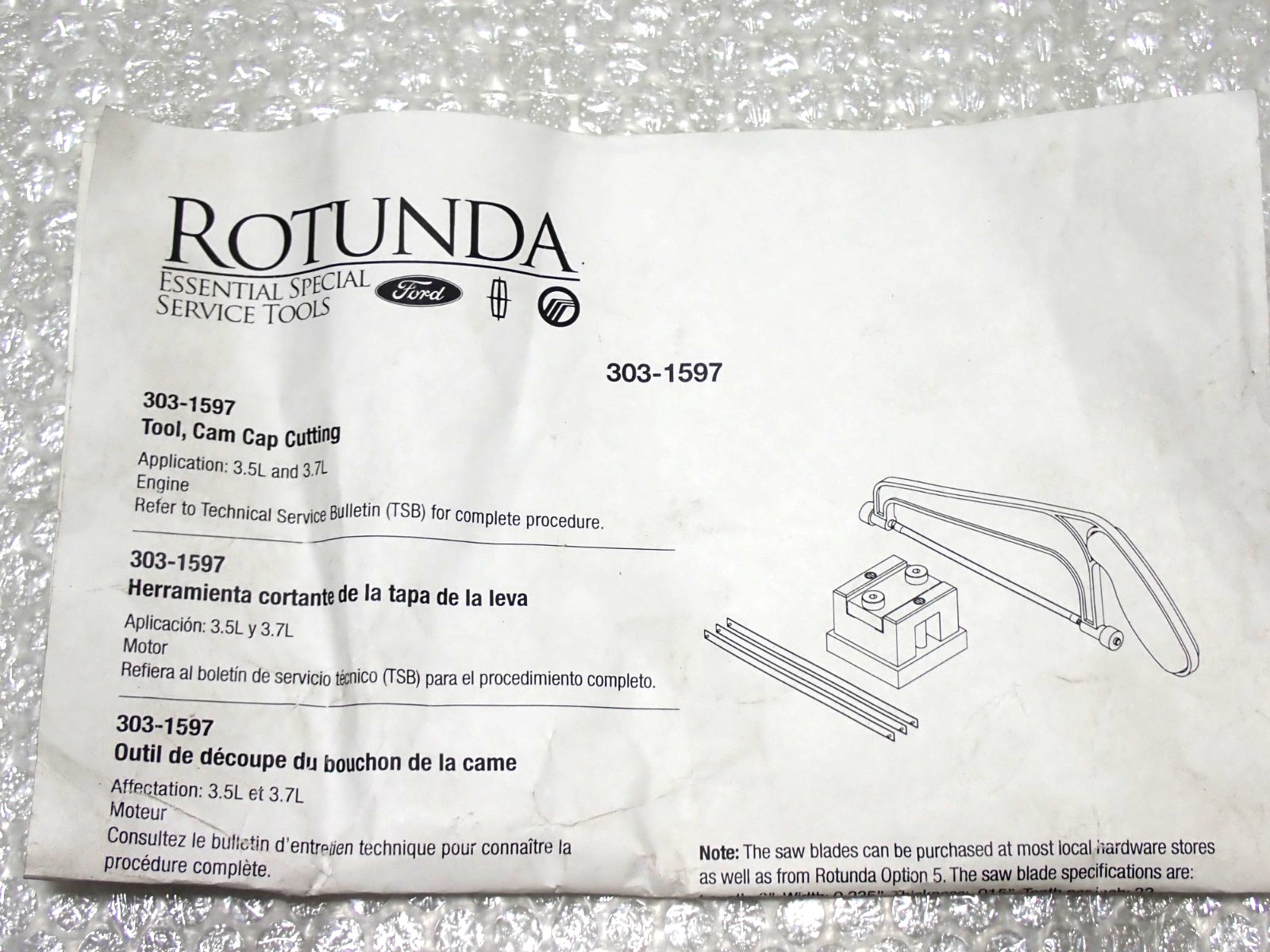 303-1597 ROTUNDA CAM CAP CUTTING TOOL 3.5L 3.7L ENGINES NEW