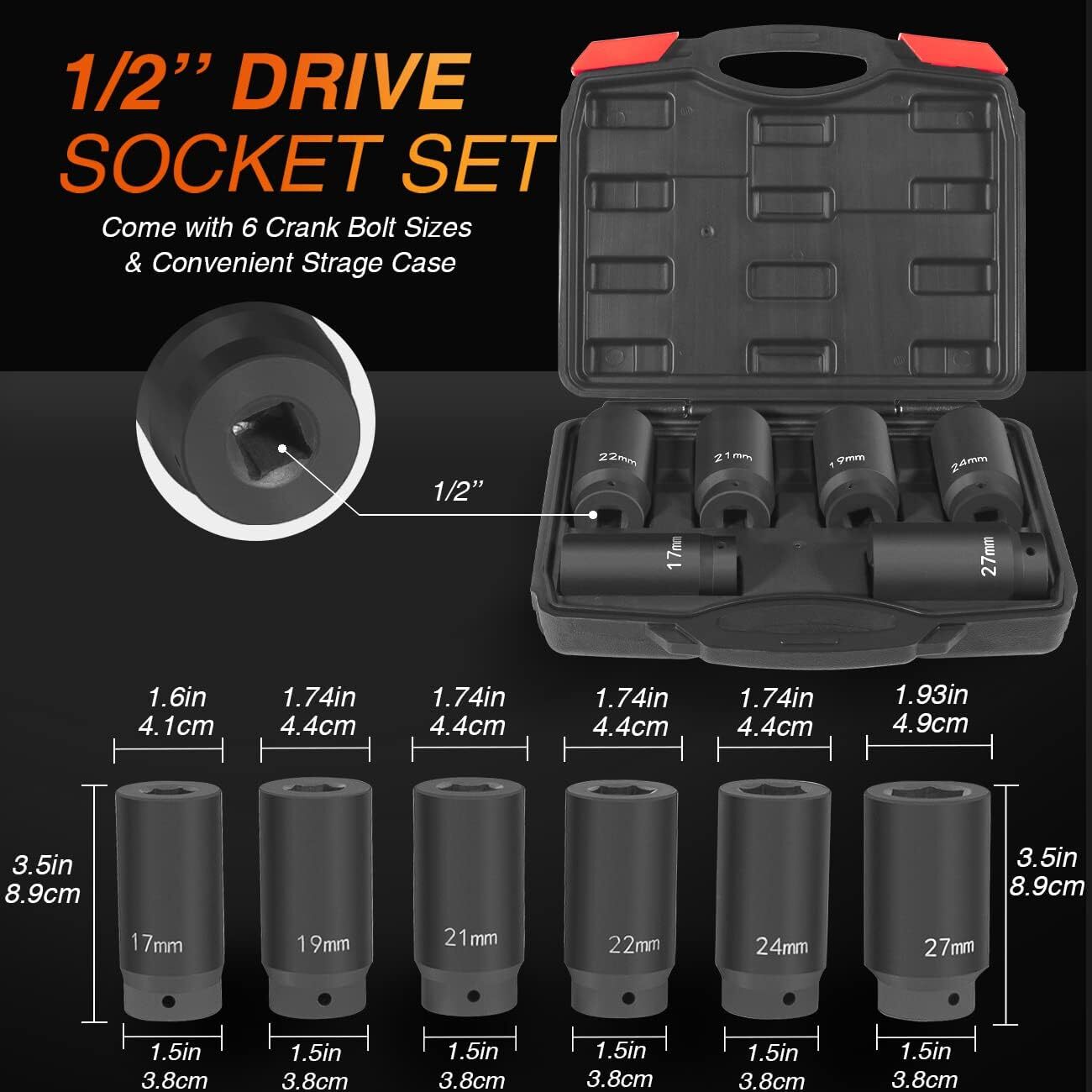 6*Crank Bolt Socket Set 17MM,19MM,21MM,22MM,24MM,27MM, Harmonic Balancer Socket