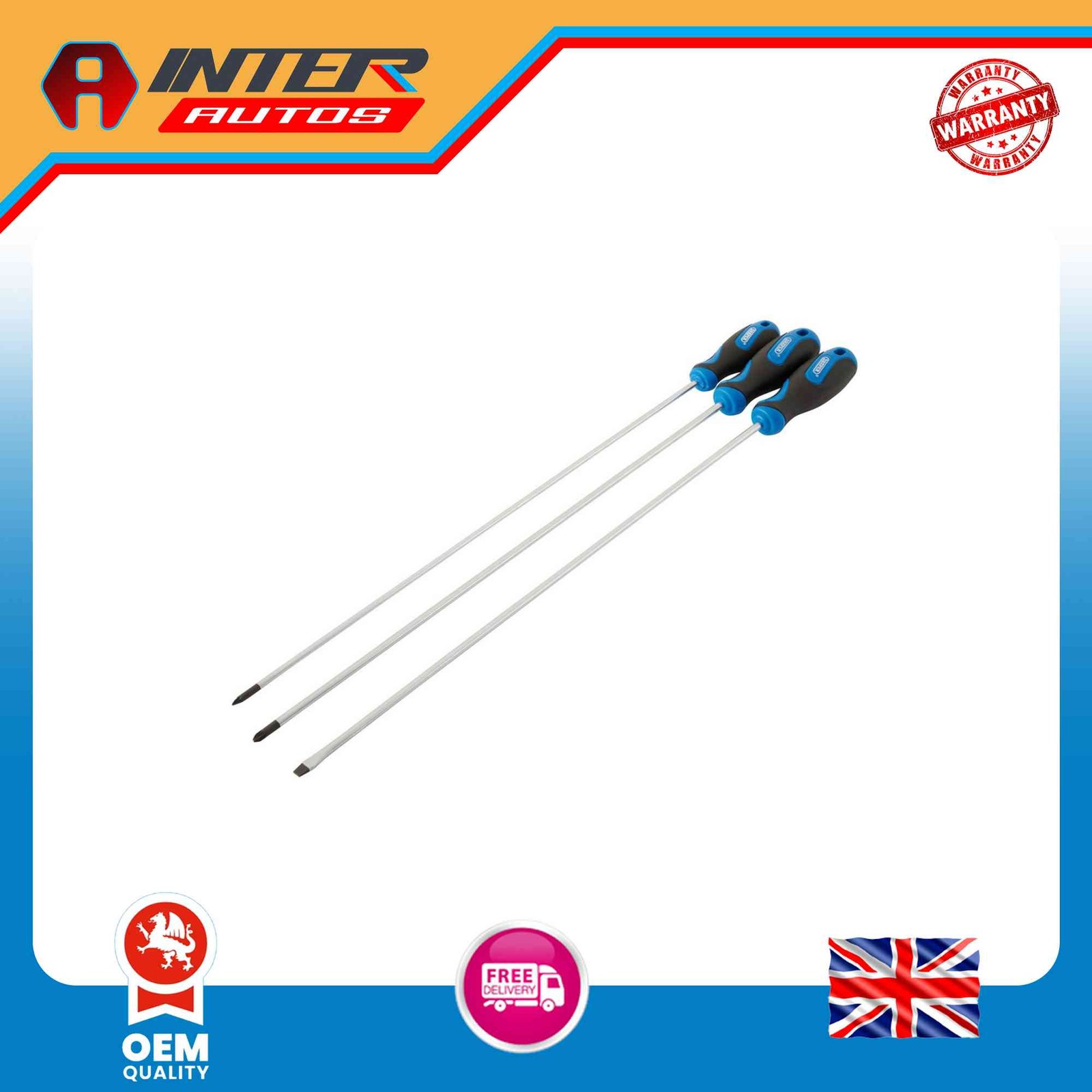 Draper Extra Long Reach Soft Grip Screwdriver Set, 450mm (3 Piece) 32603
