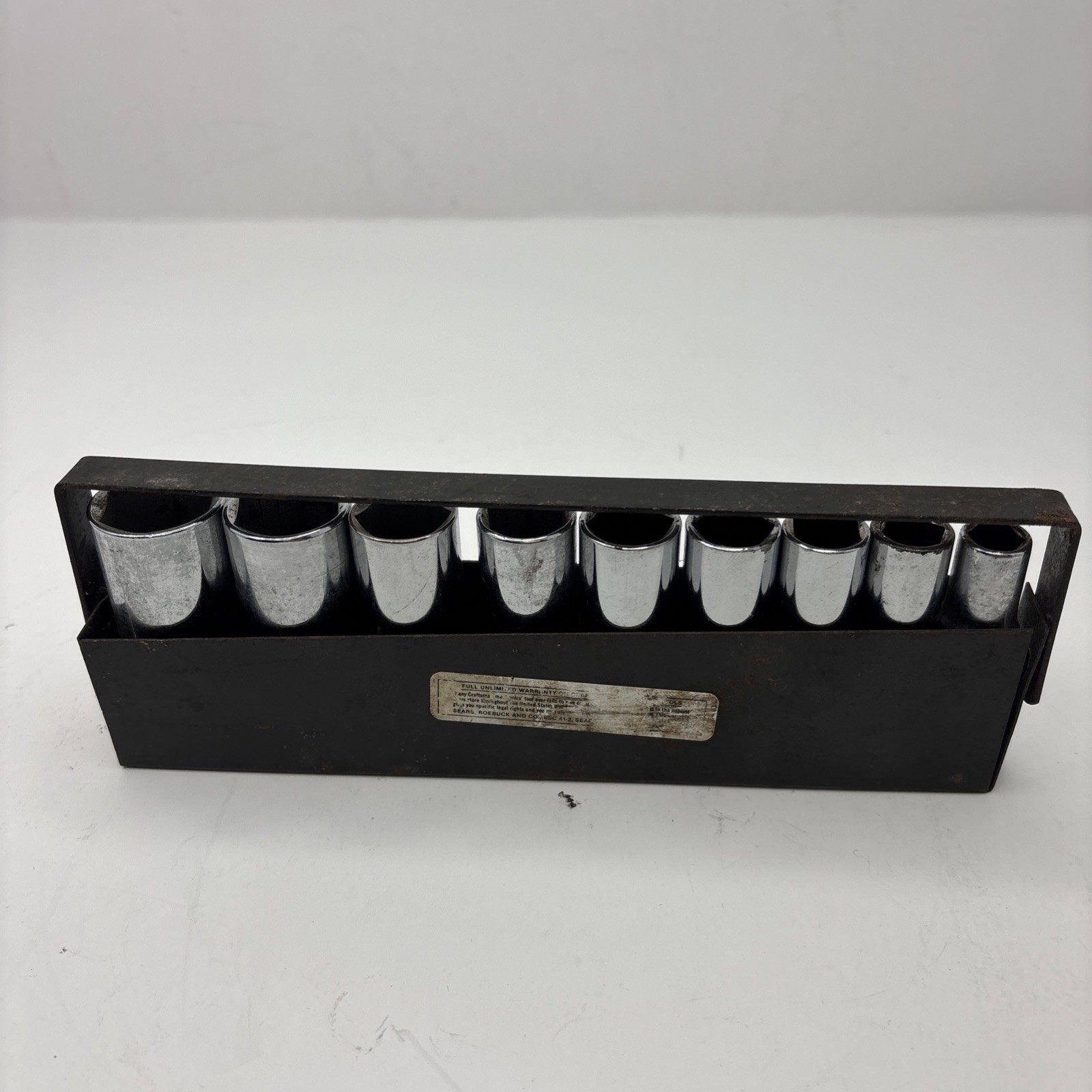 Vtg Craftsman 3/8″ Drive SAE 9 pc Deep Well Socket Set 6 pt. W/ Metal Tray USA