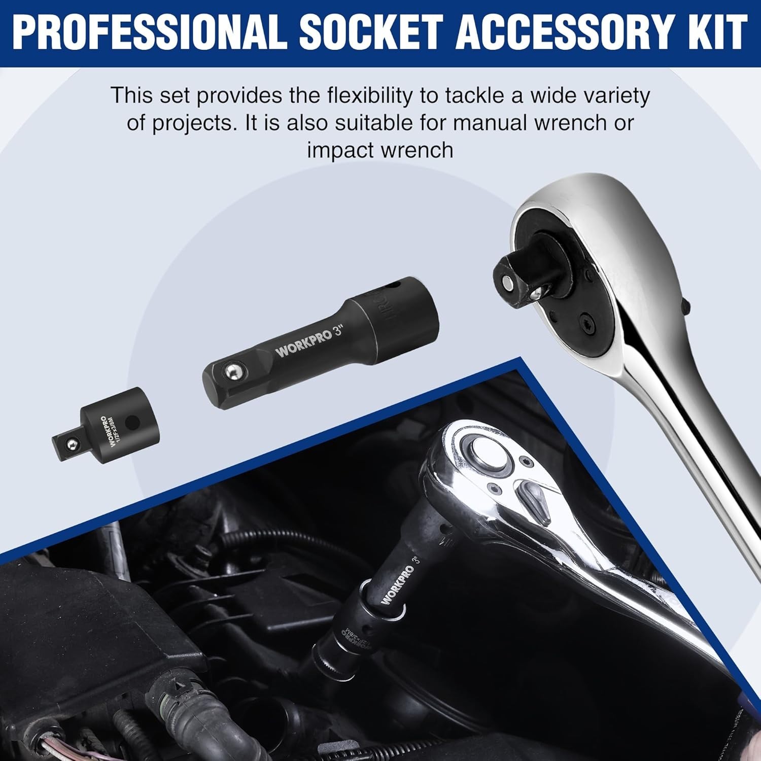 WORKPRO 6-Piece 1/2″ Drive Impact Socket Extension Set, Includes 3″, 6″, 8″ Exte