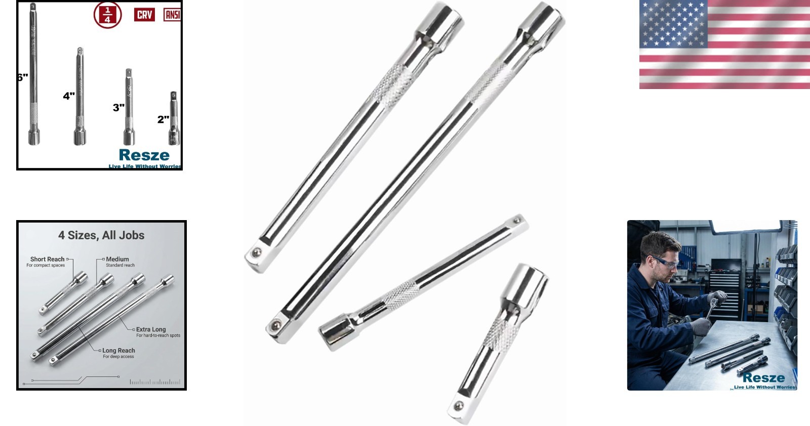 Resze 4 Pcs 1/4″ Socket Extension Set, Drive Impact Bar 4pc, Sliver