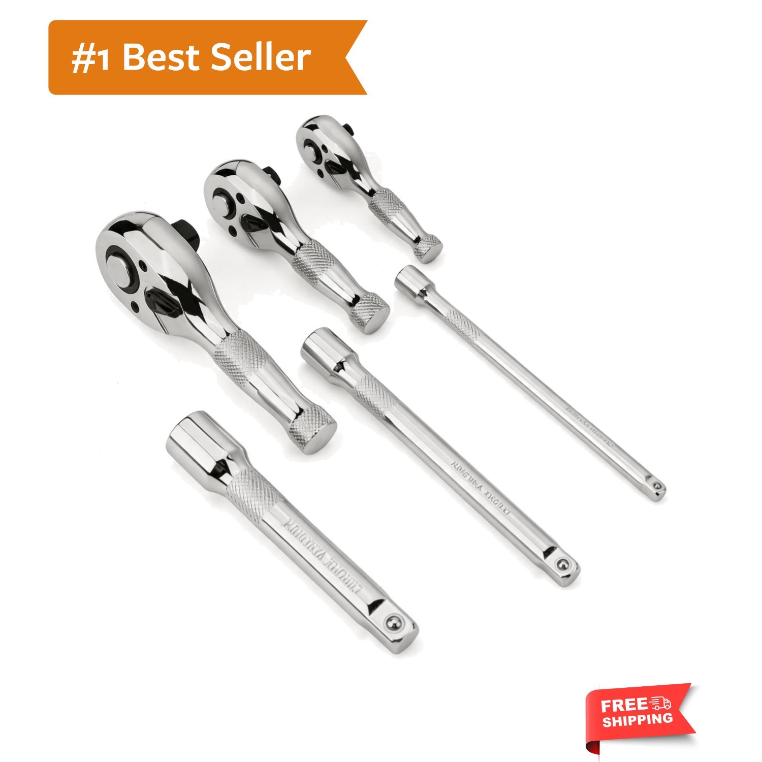 6-Piece Stubby Ratchet and Socket Extension Set, 90T 1/4″, 3/8″, 1/2″ Drive M…