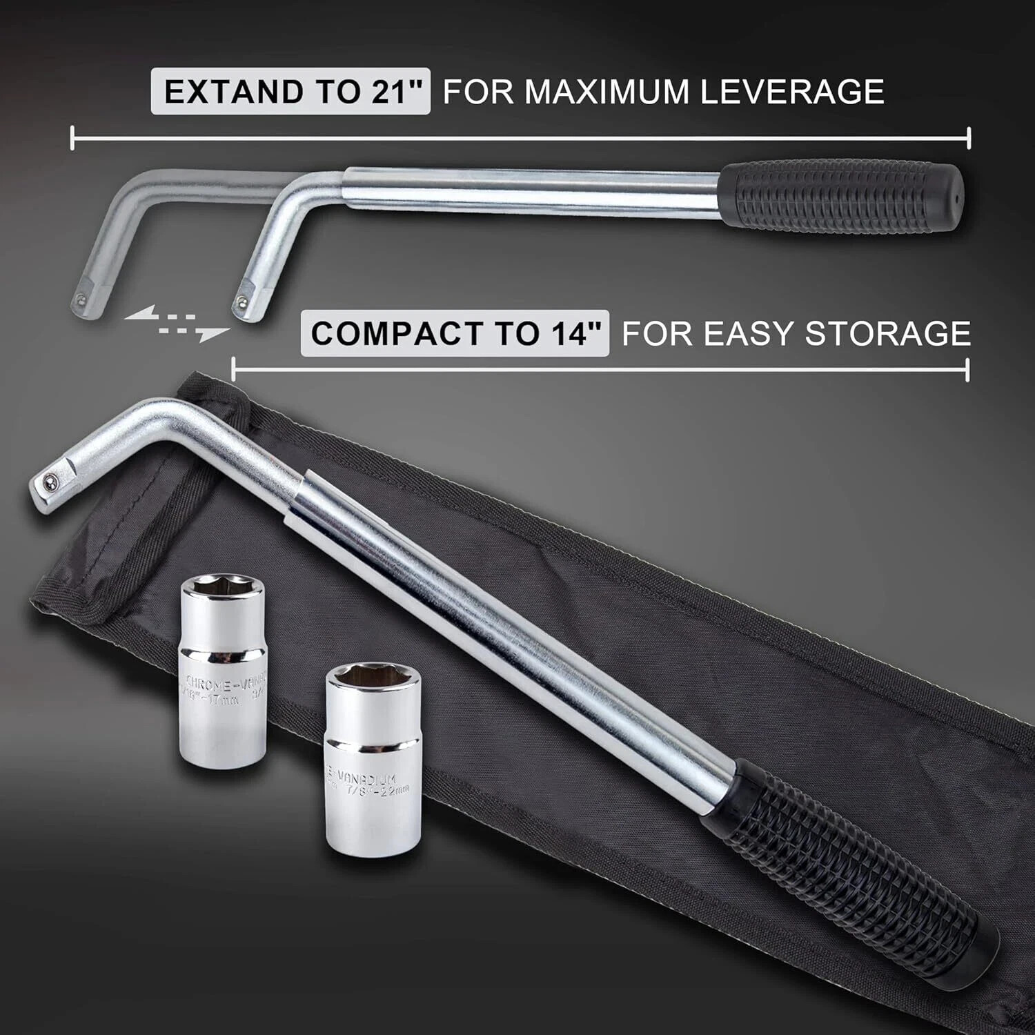 CARTMAN Telescoping Lug Wrench with Standard CR-V Sockets 17/19, 21/22mm