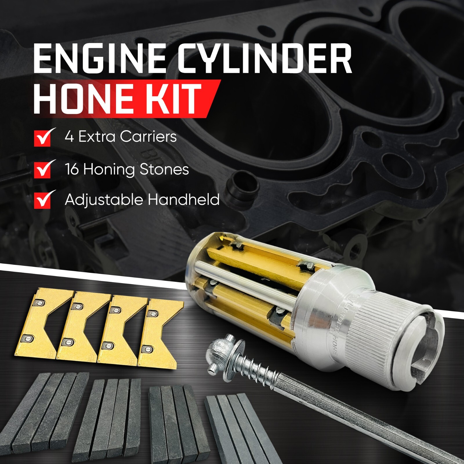 Cylinder Engine Hone Kit 2-1/2″ To 5-1/2″ Honing Machine + 4 Grit Stones USA