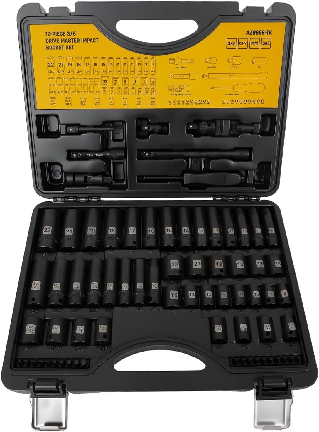 72 PCS 3/8″ Impact Socket Bit Set 6 Point, CRV SAE and Metric Sizes 5/16 to 3…