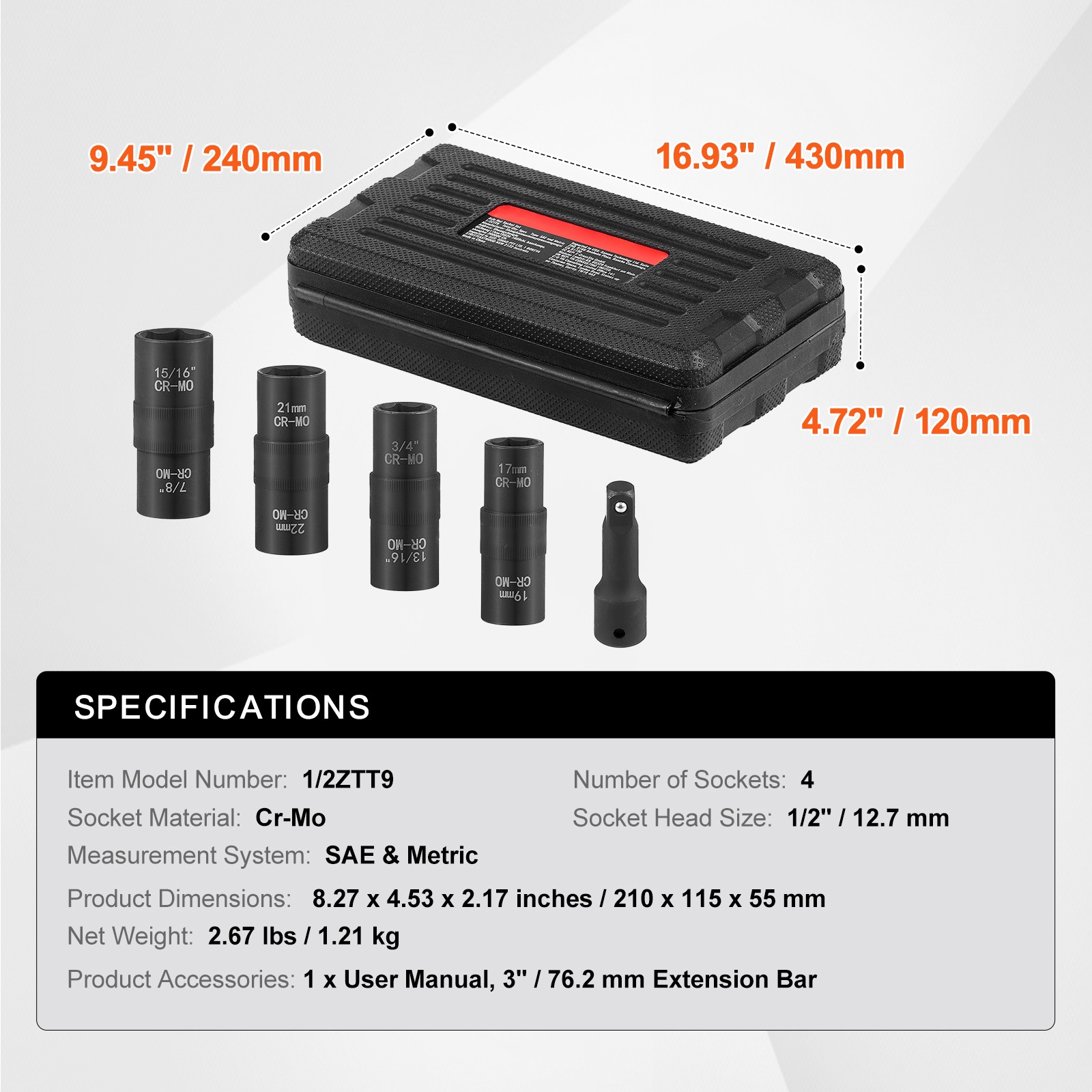 VEVOR Lug Nut Impact Socket Set 1/2 in Drive Metric and SAE 6-Point Flip Socket