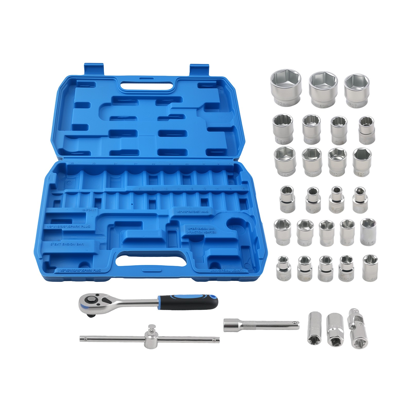 32 Piece Socket Set 1/2″ 8-32mm 6-Point 12-Point Ratchet Extension Bar Tool