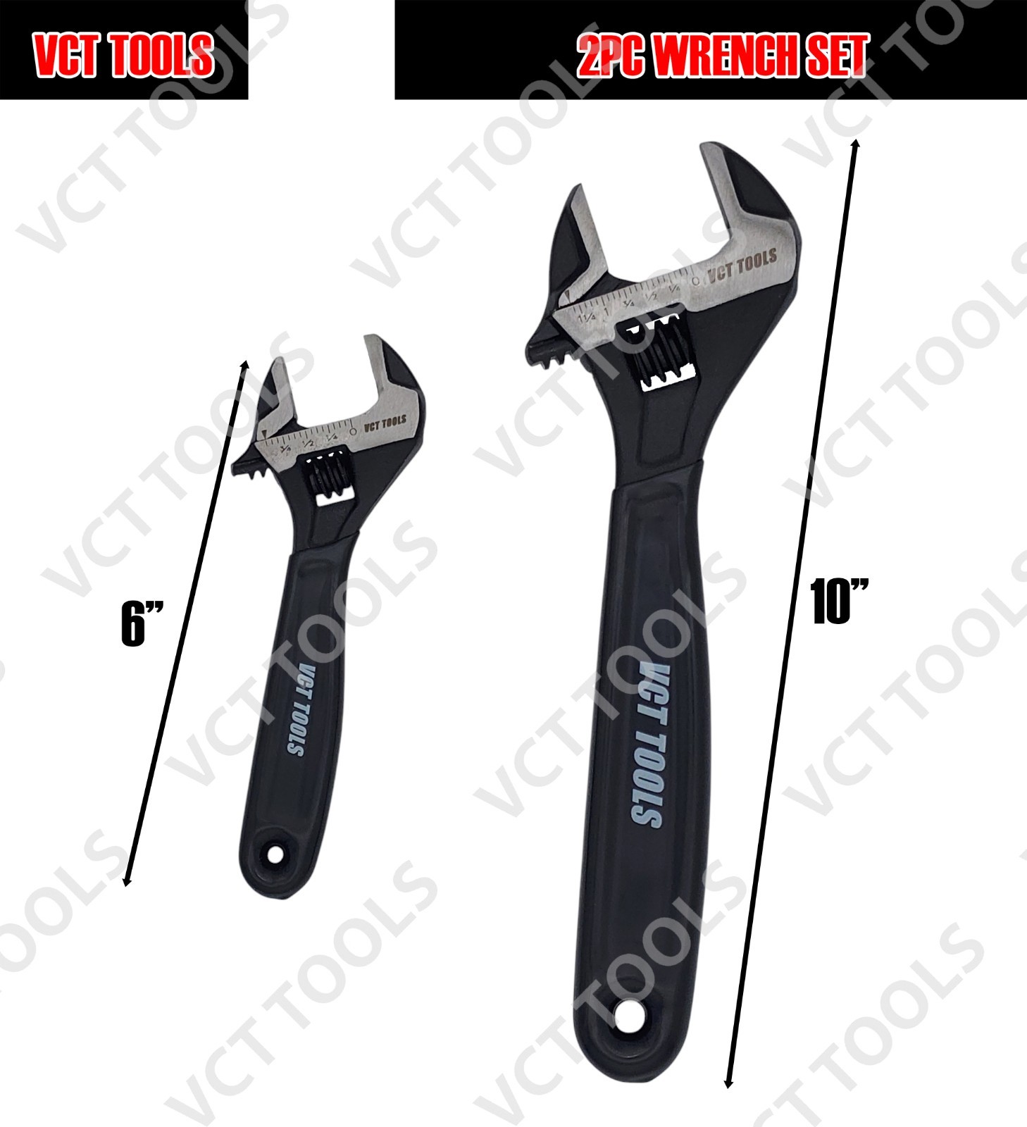 2PC Wide Jaw Adjustable Wrench Set 6″ & 10″ Metric & SAE Heavy-Duty Steel