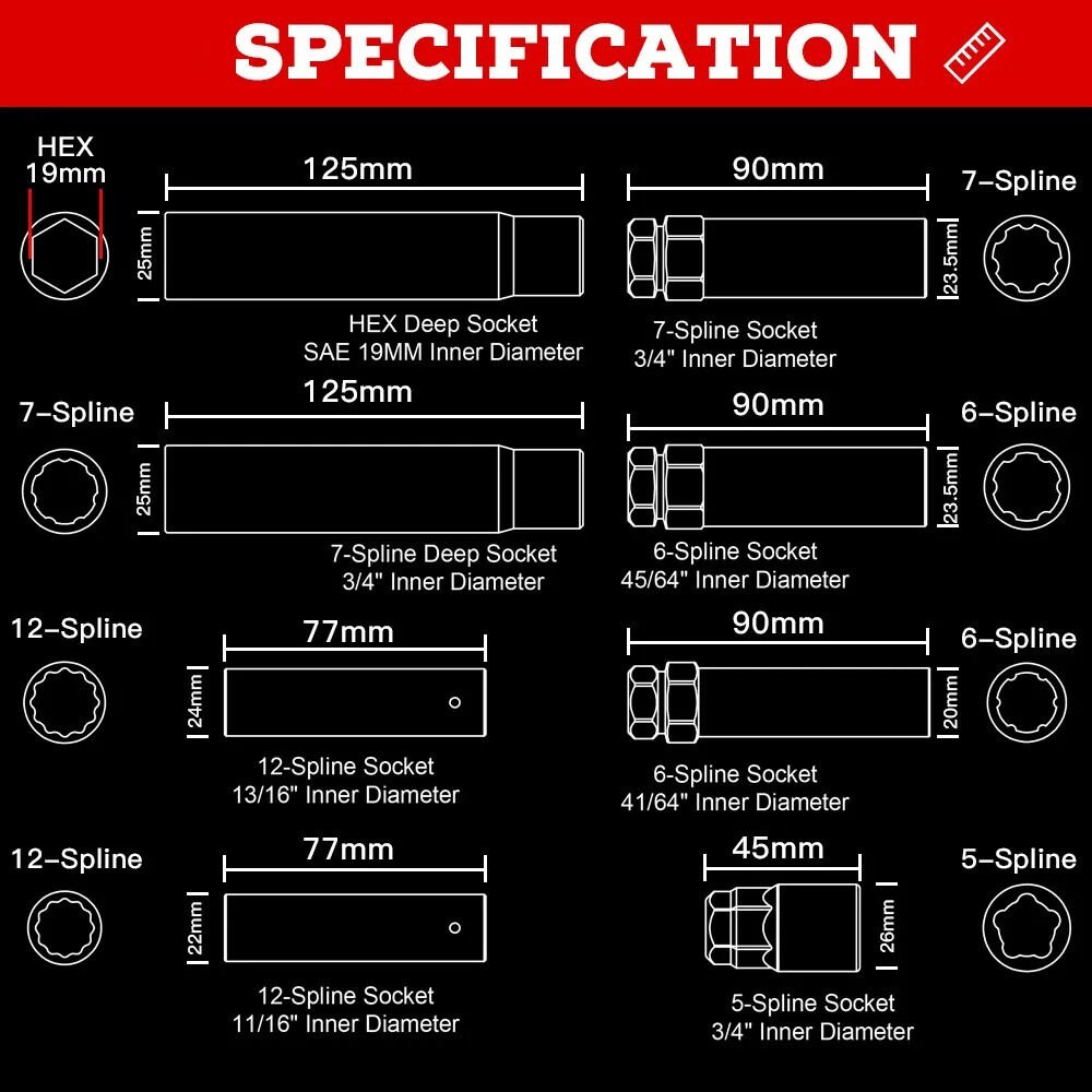 8PCS Universal Locking Key Lug Nut Master Socket Set Wheel Lock Removal Tool Kit