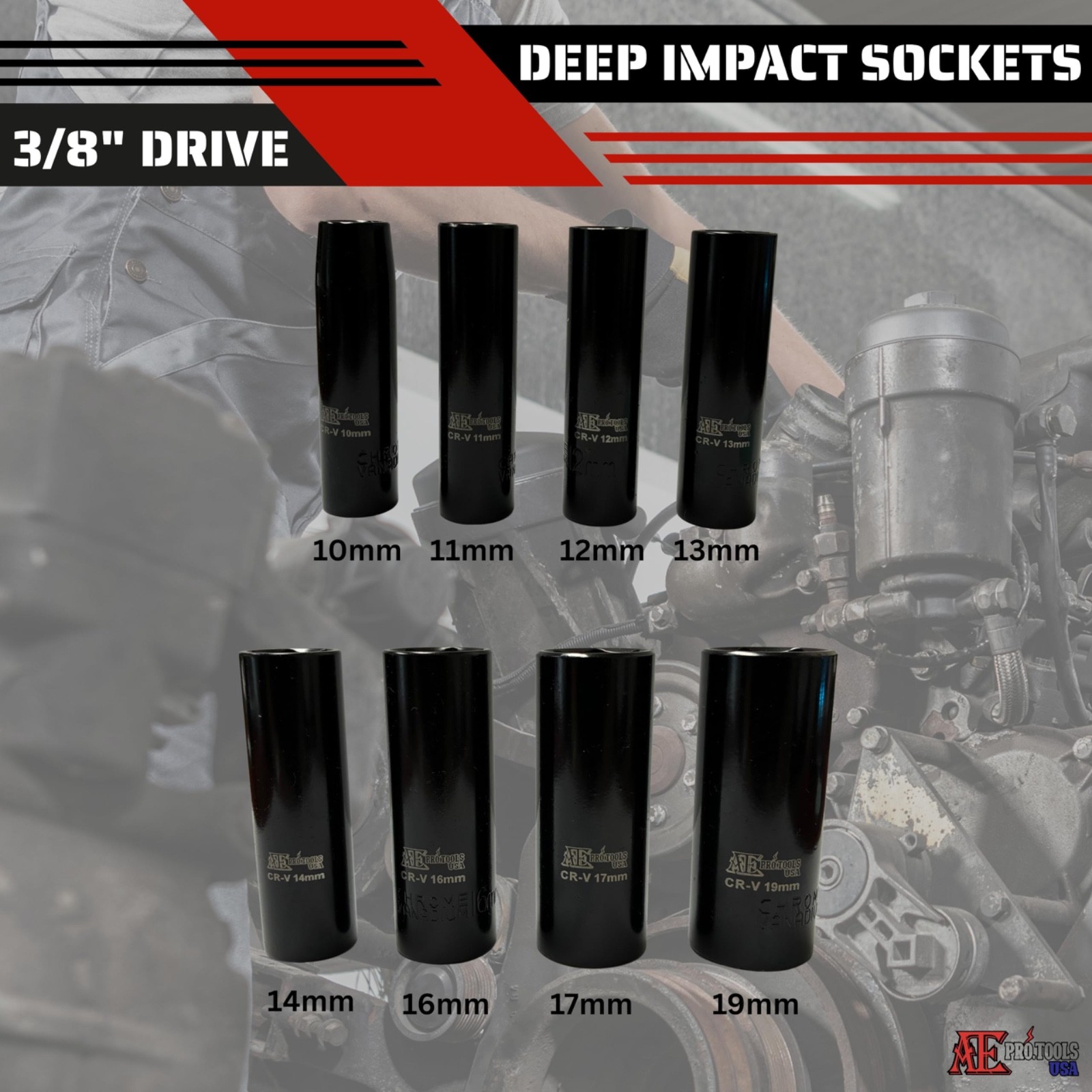 {8pc} Deep Impact Socket Set – Metric, 3/8″ Drive, 6 Point Sockets, 10mm – 19mm