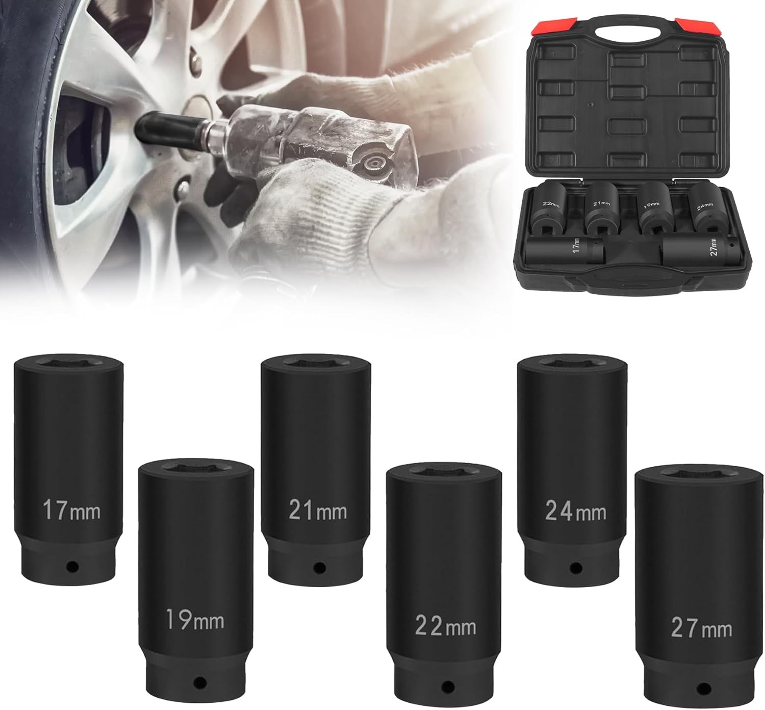 6 Pack 1/2″ Crank Bolt Socket Set,17MM, 19MM, 21MM, 22MM, 24MM 27MM, Black