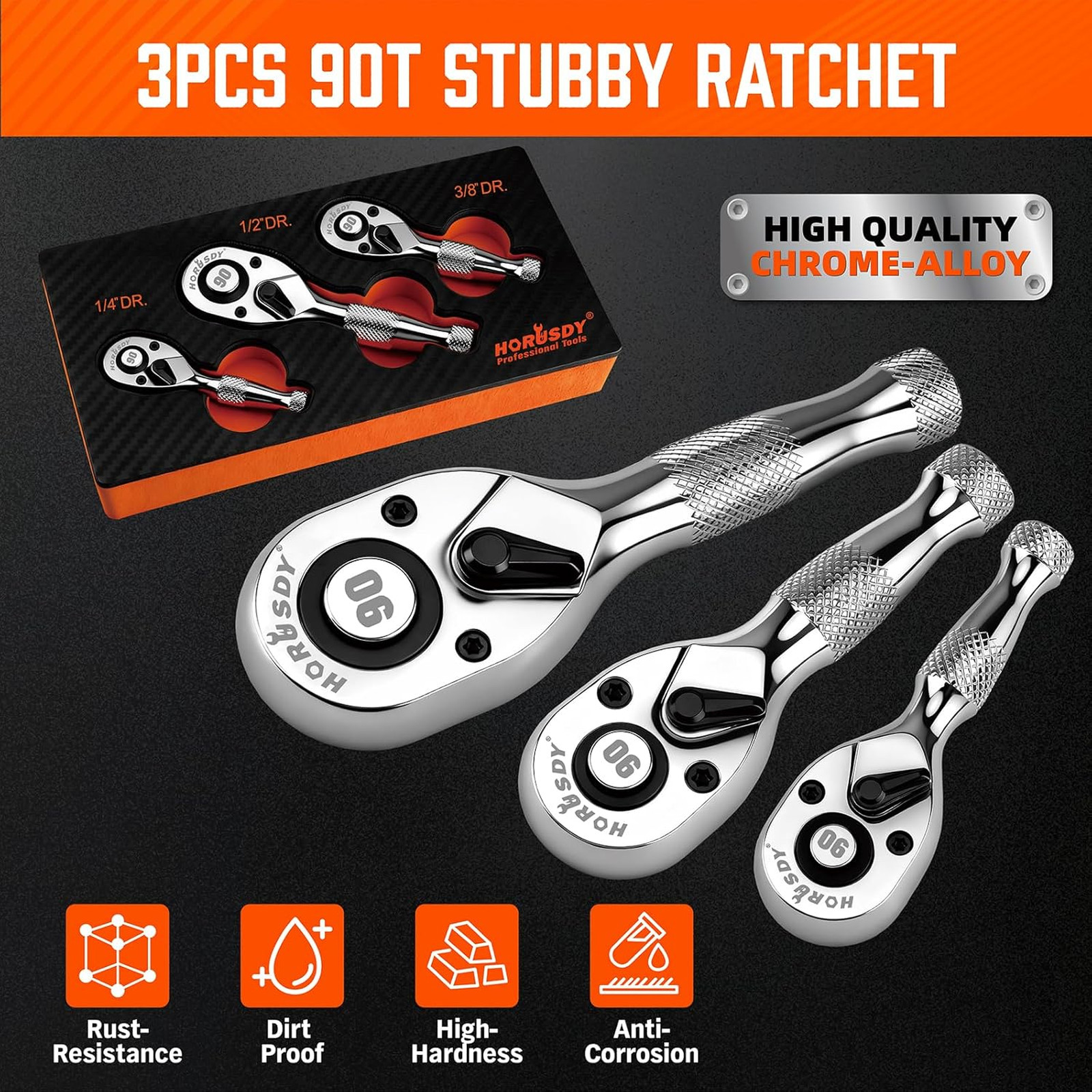 3 Piece Stubby Ratchet Handle Set 90 Tooth Chrome Drive Small Socket Wrench