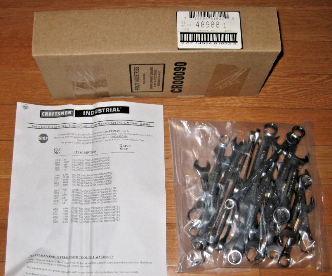 Craftsman Industrial USA 22pc Full Polish Wrench Set Standard & Metric #48988