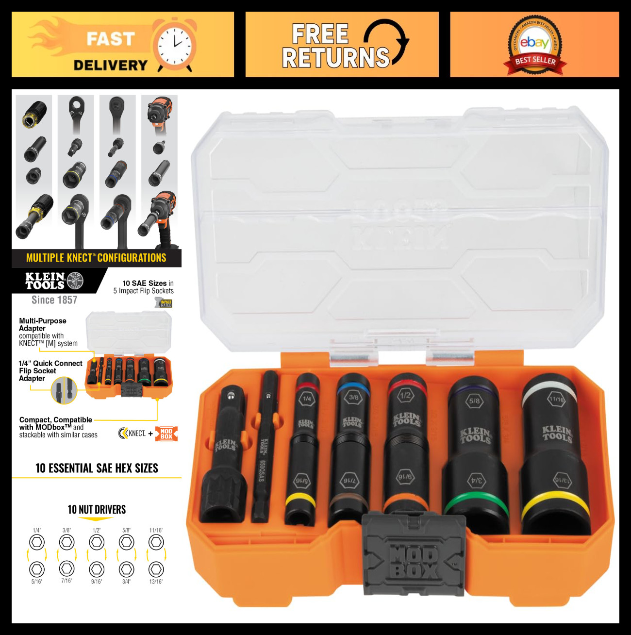 10-Piece SAE Impact Socket Set, Deep Depth, Color-Coded Flip Sockets, Adapters &