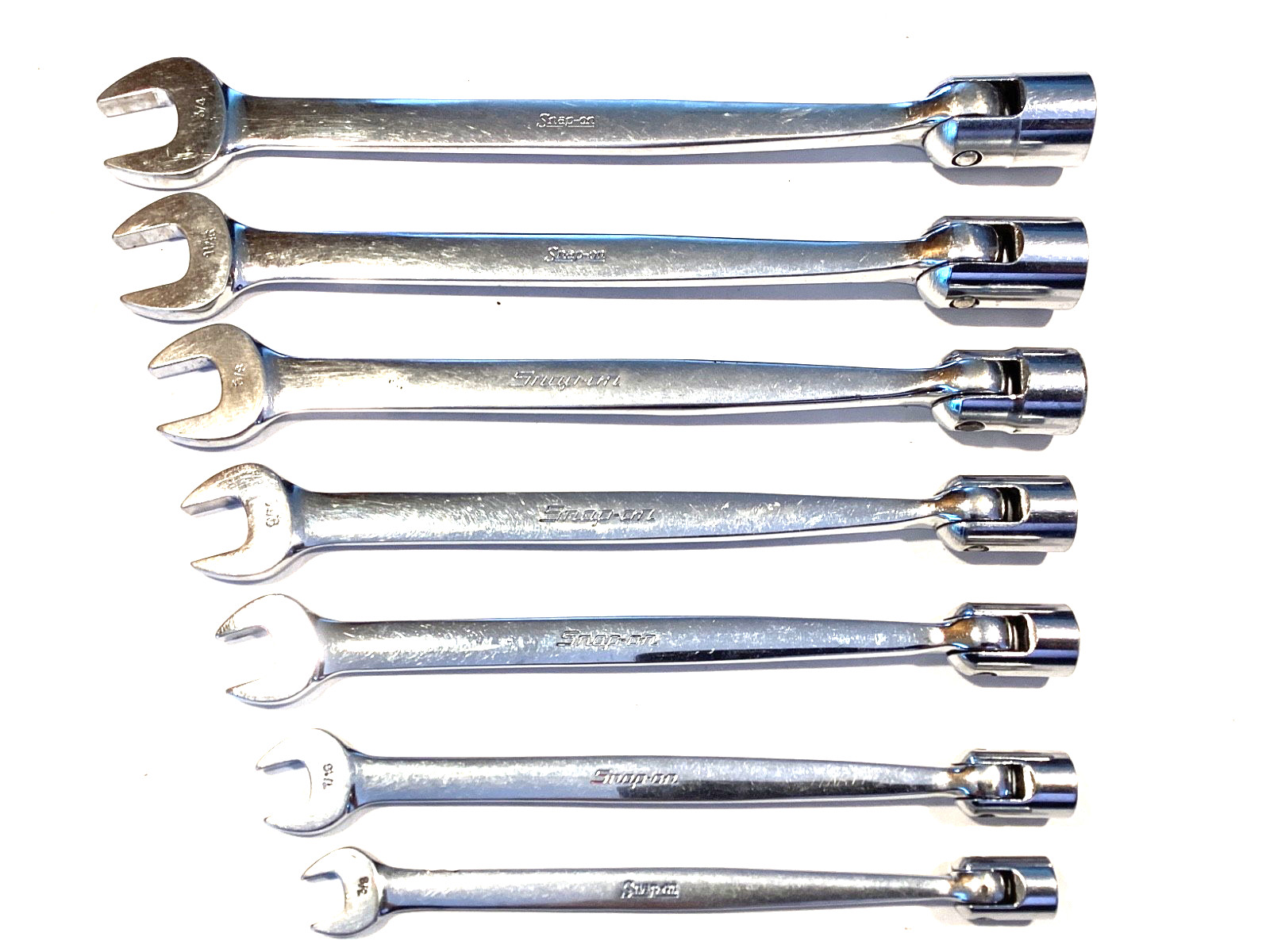 Snap On USA 7 Piece SAE Socket Flex Head Open End Combination Wrench Set FHO607