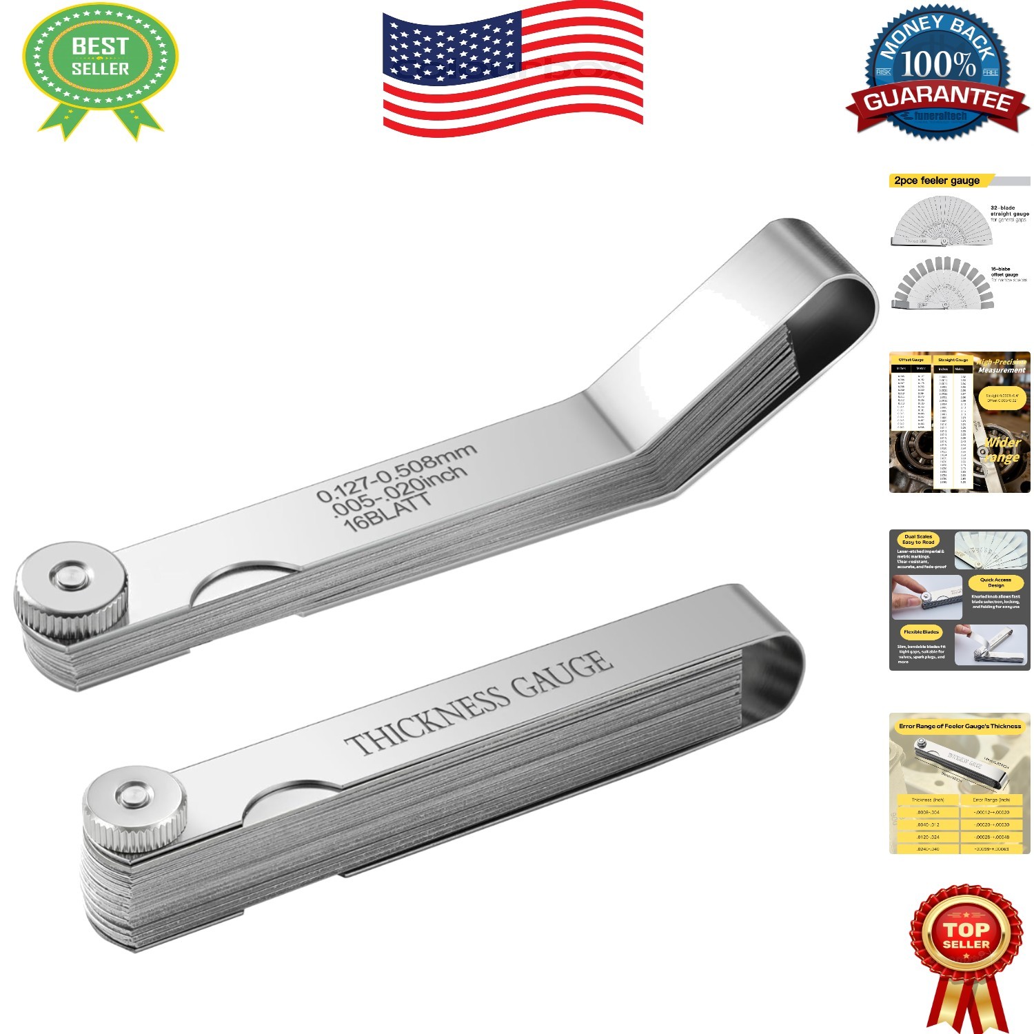 Feeler Gauge Set 2pcs Stainless Steel 32 Straight 16 Offset Blades SAE Metric