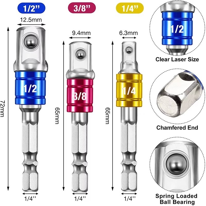 3PC 1/4″ HEX SHANK DRILL BIT TO 1/4 1/2 3/8 INCH SQUARE DRIVE SOCKET ADAPTOR SET