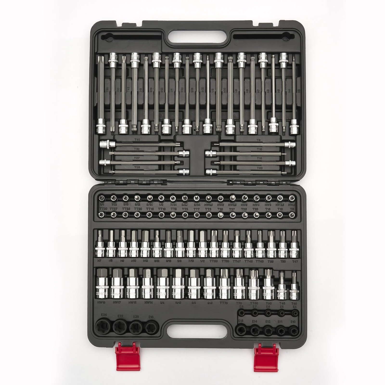 107-Piece Torx & Allen Bit Socket Set, S2 Steel, 1/4″ 3/8″ 1/2″ Drive, Long & Ba