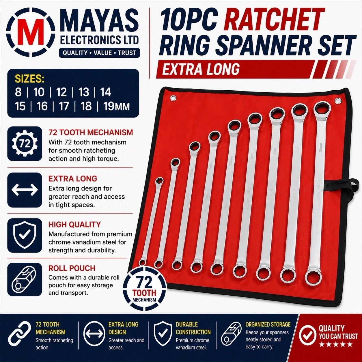 Neilsen 10pc Extra Long Ratchet Ring Spanner Set 72 Tooth 8-19mm CRV CT4465
