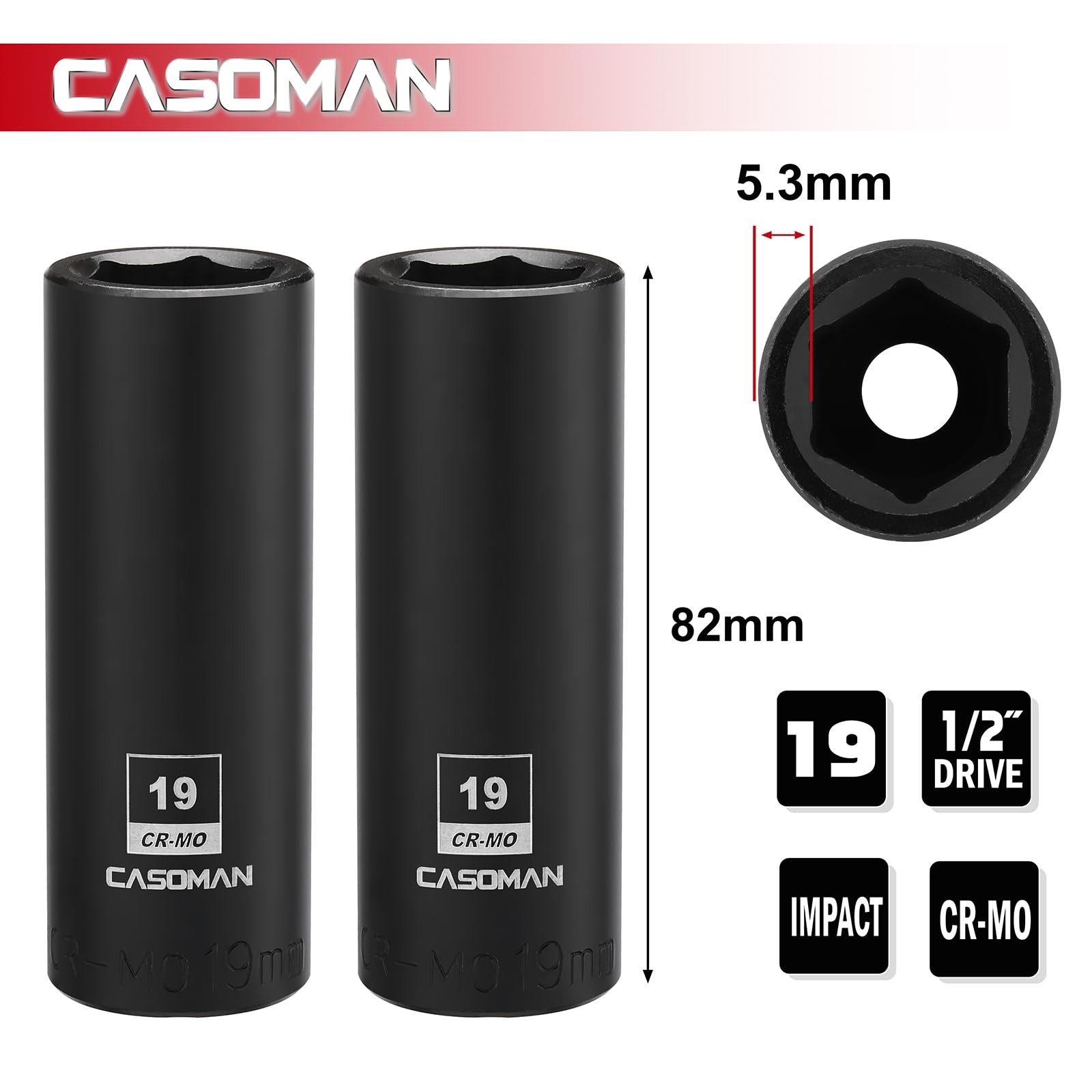 CASOMAN 2PCS 1/2-Inch Drive Deep Impact Socket-19mm, 6-Point, Metric, 19 mm